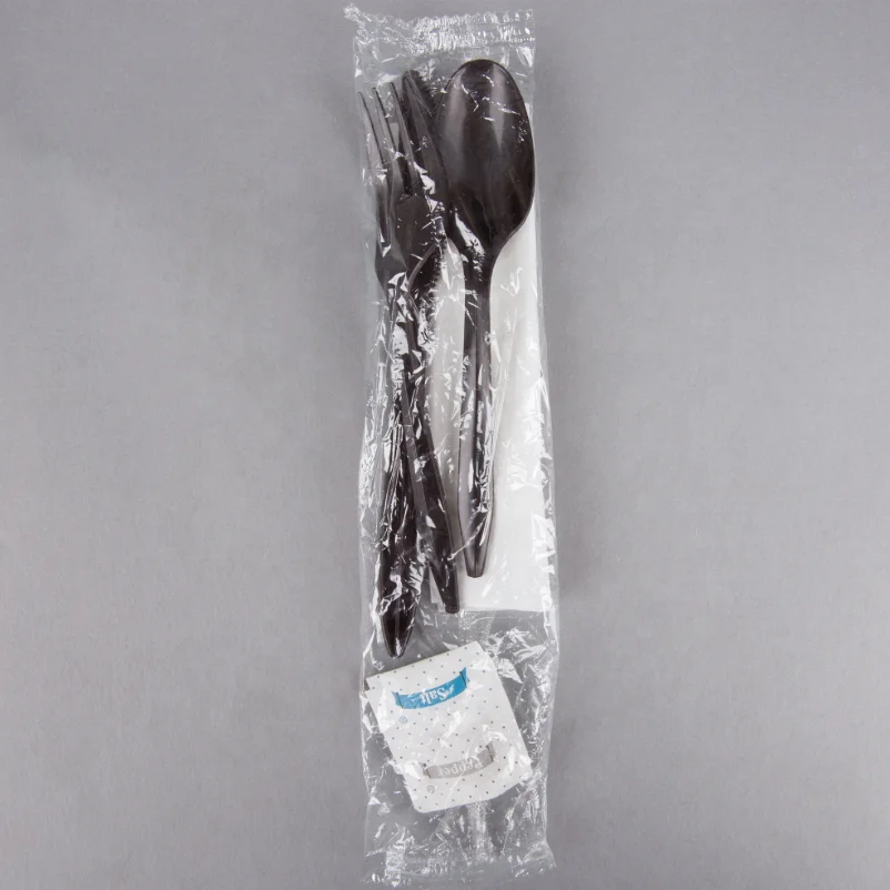 Take-out Disposable Black Tableware Knife Fork Spoon PP Plastic Toughness Cutlery Sets With Napkins