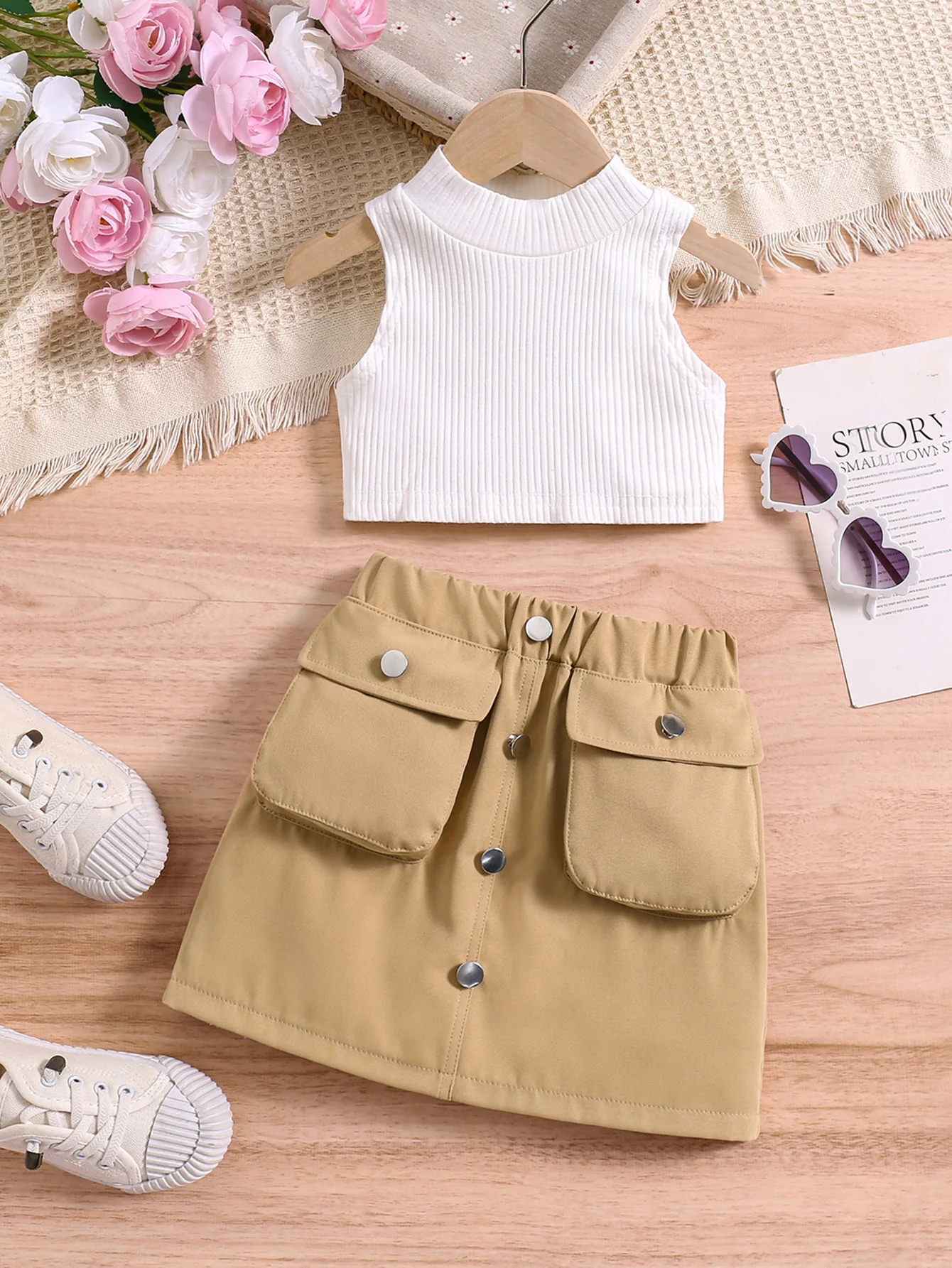 Cross-Border Spring Summer Girls Clothing Set High Collar Pullover Organ Bag Multi-Button Rubber Skirt Solid Color Two-Piece Set