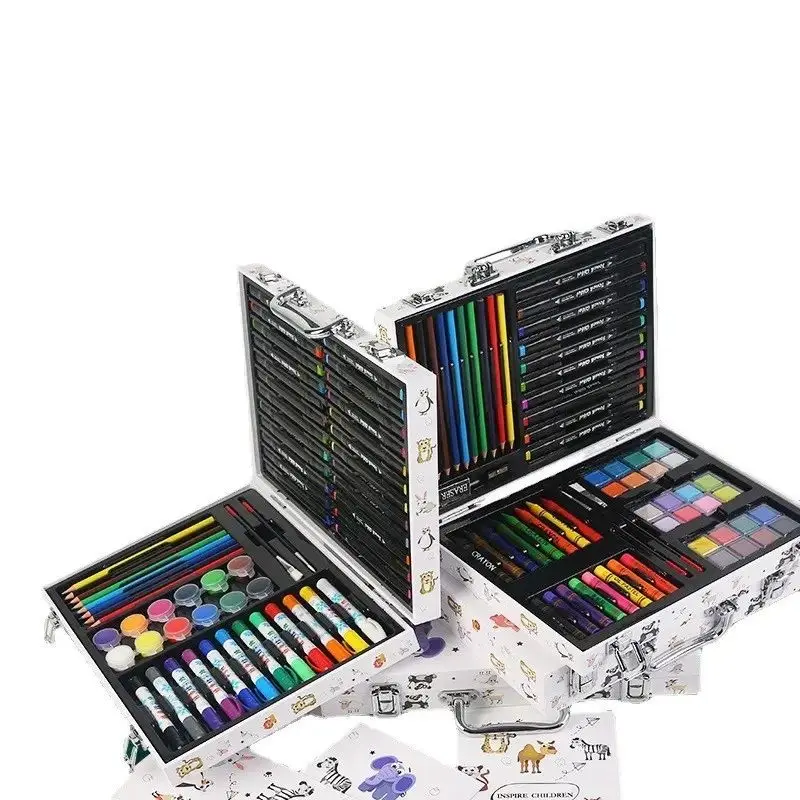 Wholesale 004 64 pieces wooden box art drawing set with watercolor pen and colour pencil for kids
