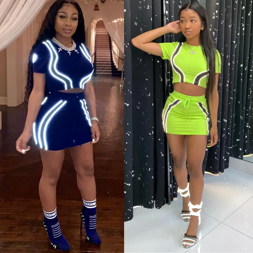 Women Bodycon Sexy Casual Dress Women Two Piece Set Clothing 2 Piece Sets Outfits  Lady Elegant Neon Reflective Clothing Dresses