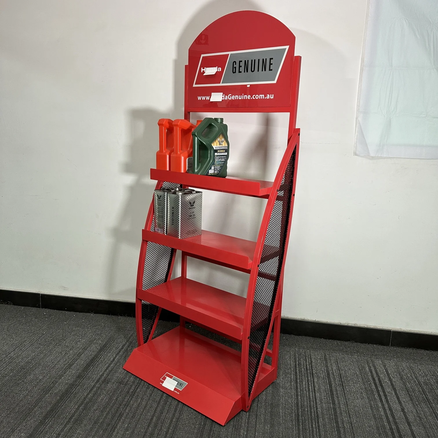 Custom Floor Standing Metal Auto Engine Motor Lubricating Oil Display Shelf Stand Rack