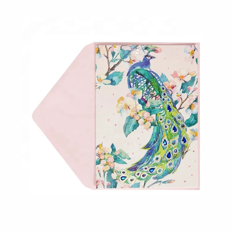 
Wholesale Custom Handmade Shiny Glitter, Elegant Peacock Thanke You Greeting Cards with Gems 