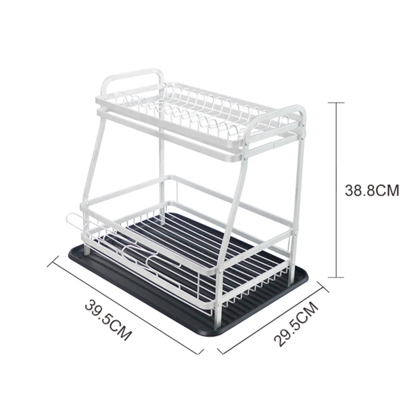 2-Tier Large Metal Kitchen Countertop Standing Dish Drying Rack Set with Removable Drainboard Cup Holder