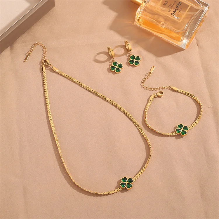 Women Clavicle Necklace Stainless Steel Emerald Zircon Four Leaf Clover Love Heart Bracelet Necklace Earrings Jewelry Set