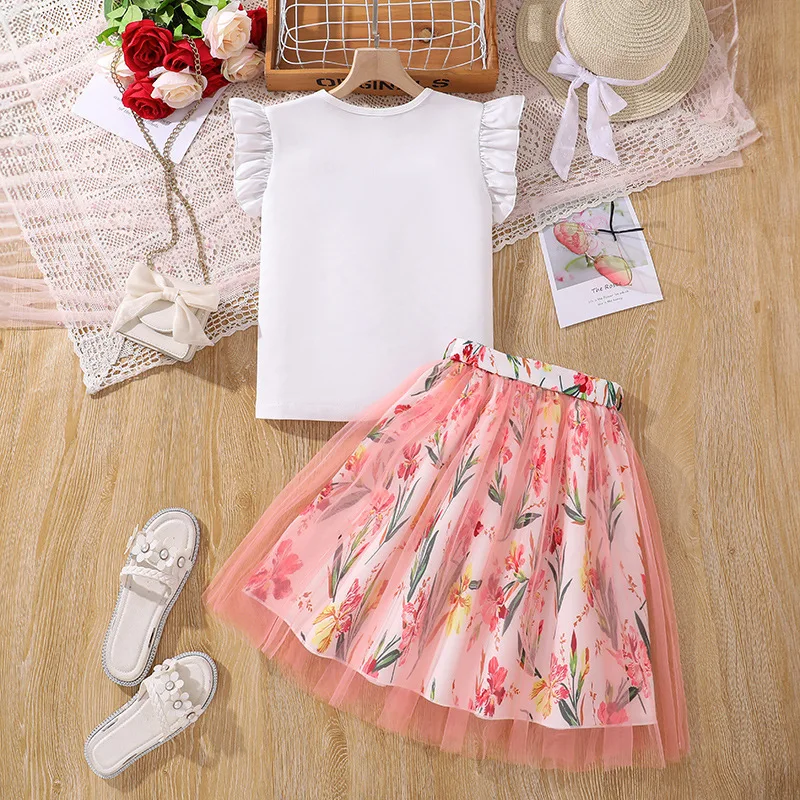Factory Direct Sales Cute Girls Clothing Sets Carton Printed Fly Sleeve T-shirt Tutu Skirts Princess Dresses