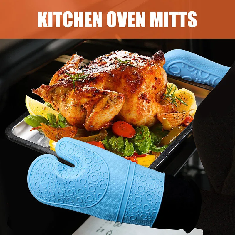 Heat Resistant Silicone Oven Mitts Waterproof Grilling Gloves Extra Long BBQ Gloves Non-Slip Pot Holder for Baking BBQ