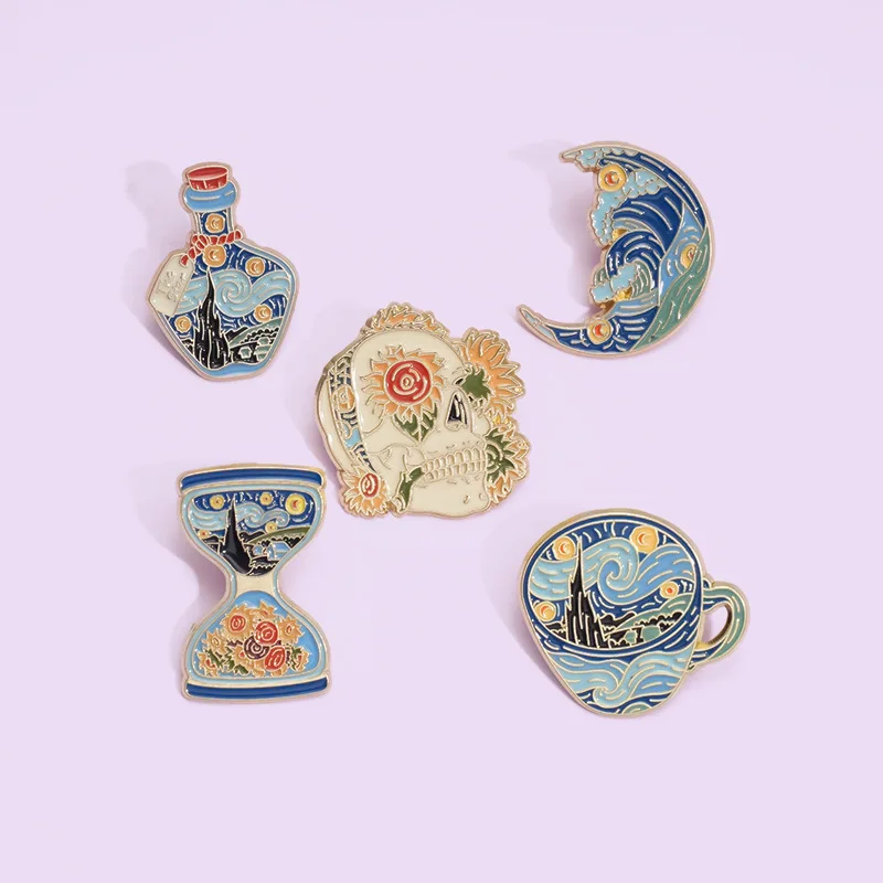 Unique Van Gogh Scream Moon Sunflower Skull Custom Metal Badge Brooch Pins Classic Oil Painting Literature Cloth Lapel Pin