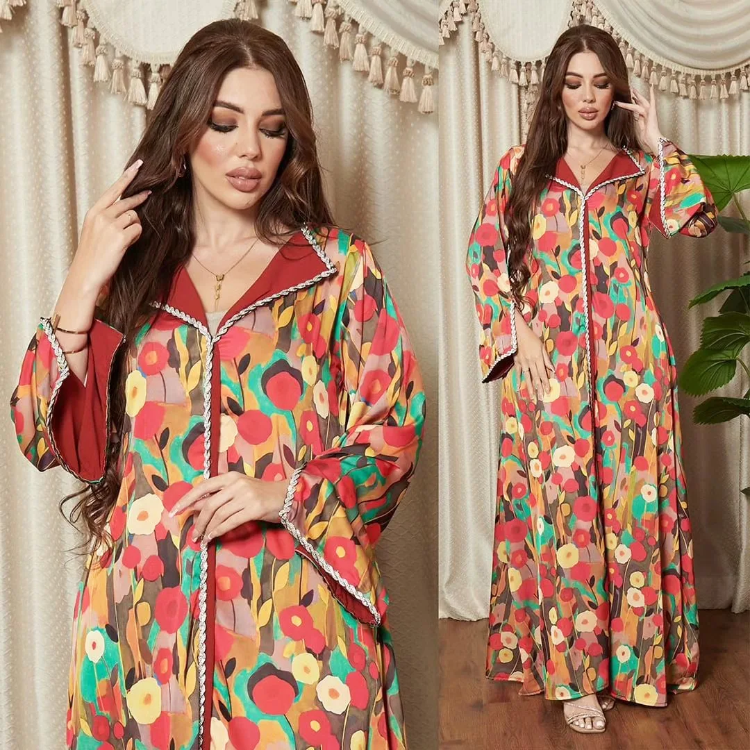 Wholesale Jalabiya Closed Abaya Muslim Clothing Turkey Floral Islamic Long Sleeve Kaftan Dress Women Dubai Abaya