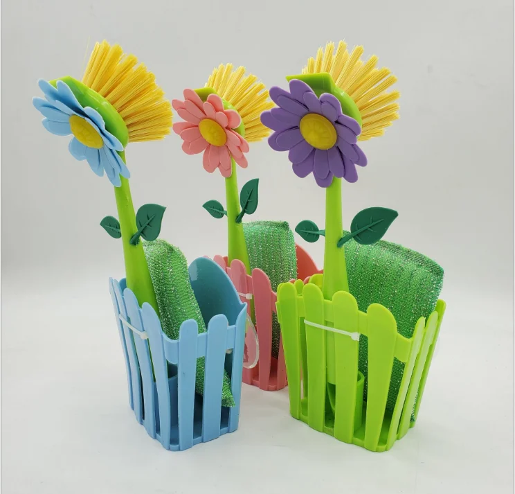 New Design Kitchen Cleaning Flower Shaped Cleaning Brush Set  Dish Scrubber Brush with sponge pad