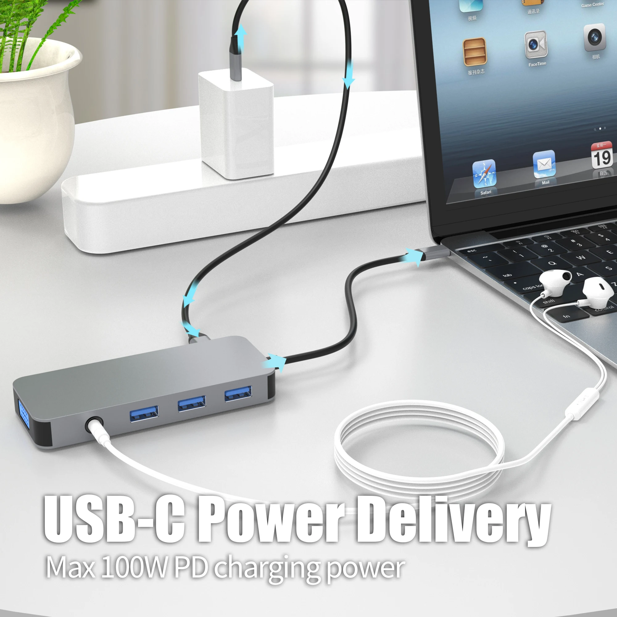10 in 1 splitter usb c hub adapter for laptop and phone Dual 1080p HDMI VGA PD Charging 100w micro sd Multiports Hub