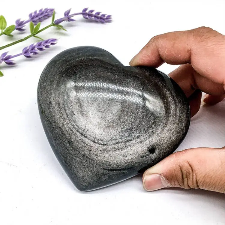 Wholesale Natural Crystal Silver obsidian Hearts Semi-precious Stone Silver obsidian heart  for Decoration