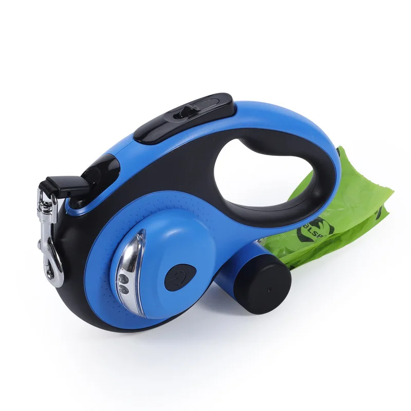 Multifunction Automatic Pet Lead With LED Light up Dog Collar Poop Bag Holder Strong Nylon Tape Retractable Leash
