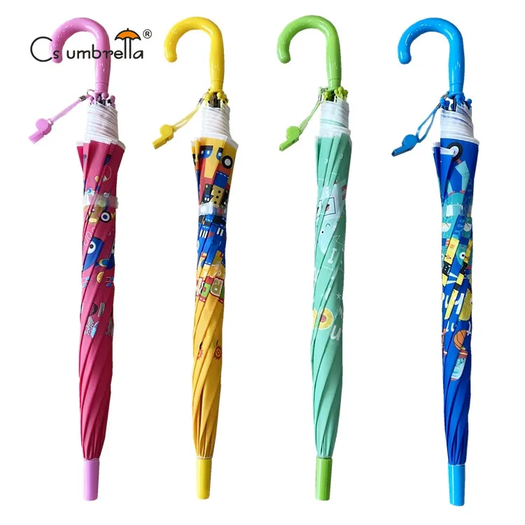 YS-6023 Umbrella Factory Customize Children Umbrella Match Handle And Tips Straight Auto Open POE Kids Umbrella With Whistle
