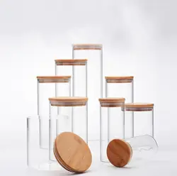 Cylinder Cereal Container with Sealing Airtight Canisters for Bulk Measurement markings Glass Cookies Jar with Bamboo Lid