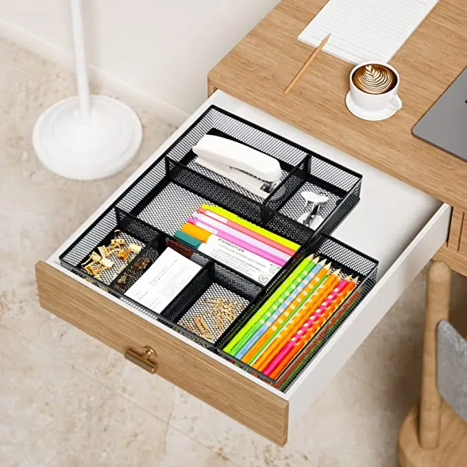 Mesh Desk Drawer Organizer Tray-Stackable with Two Adjustable Dividers