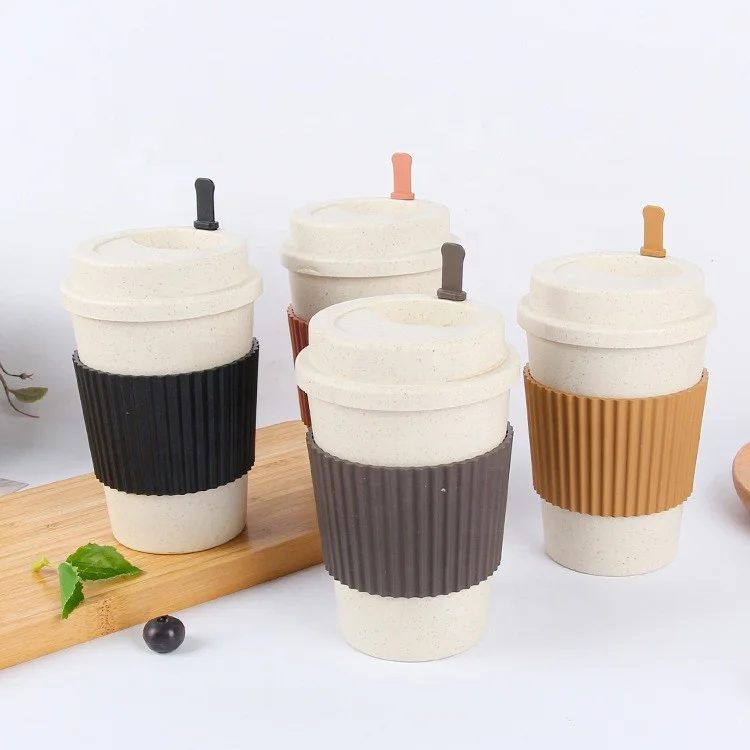 12 oz Home Camping Environmentally Biodegradable Portable Reusable Coffee Cup Travel Wheat Straw Mugs with Lid