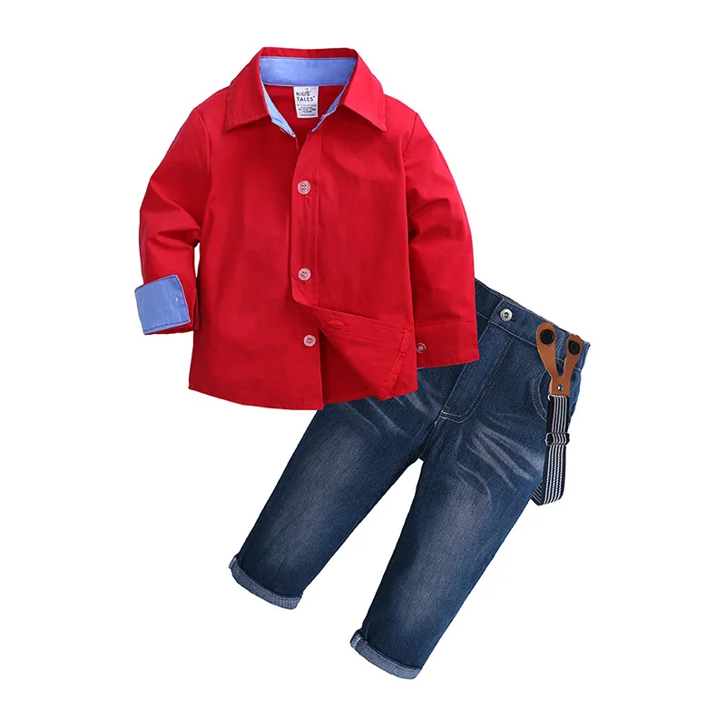 children boutique clothes Red Shirt Jean Pant Suit Outfit Bib Overall Long Sleeve children clothing set toddler boy clothing set