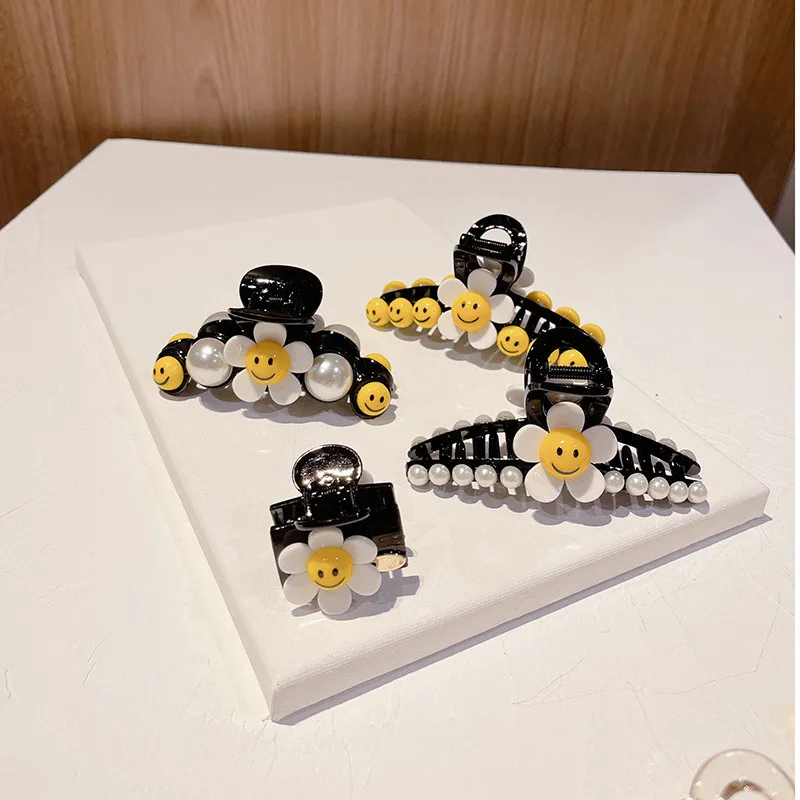 
Mgirlshe Hairclips NonSlip Hair Claw Clips for Women Girls Large Hairgrips for Thick Hair Happy Face Pearls Acrylic Barretes 