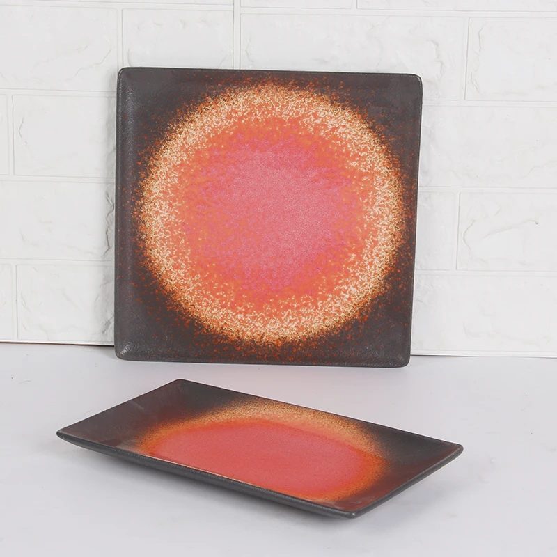 Western Black Rectangle Flat Porcelain Plates With Red Circle Drop Shipping Ceramic Plate For Restaurant