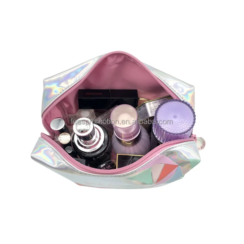 Custom Holographic Shiny Leather Zipper Cosmetic Bag PU Makeup Bag Toiletry Bag for Women