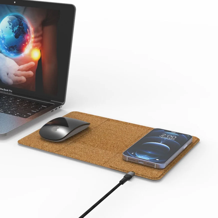 Hot selling environmental protection material 10W Cork wireless charging computer mouse pad