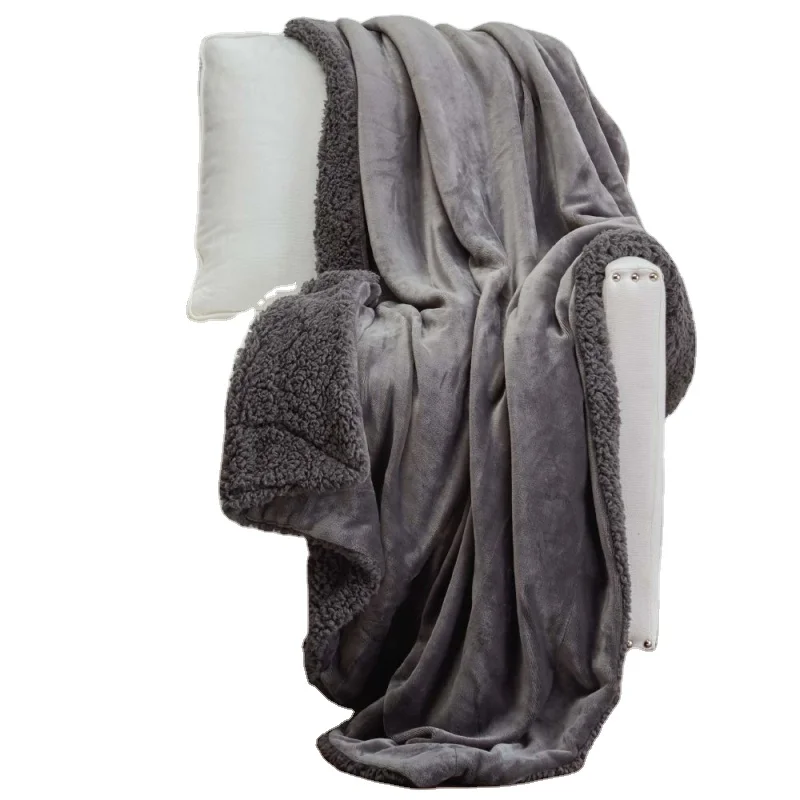 Super soft warm luxury fluffy polyester flannel and sherpa 2 ply blankets custom solid double layers blanket for winter