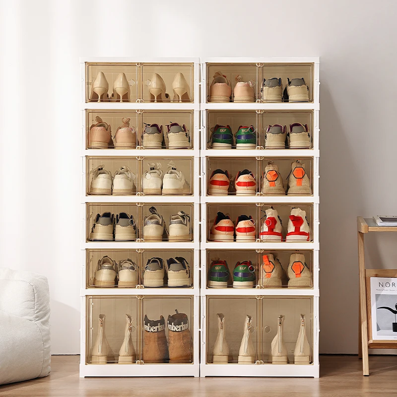 Modern Luxury Design Transparent Folding Shoe Storage Box Plastic Collapsible  Shoe Racks Cabinet Organizer with Doors