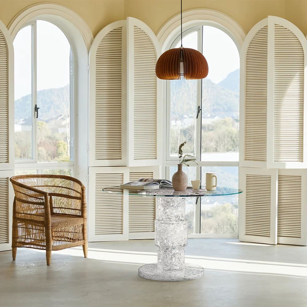 Dining room furniture round marble wood table top with rotating lazy susan aluminum table base marble dining table