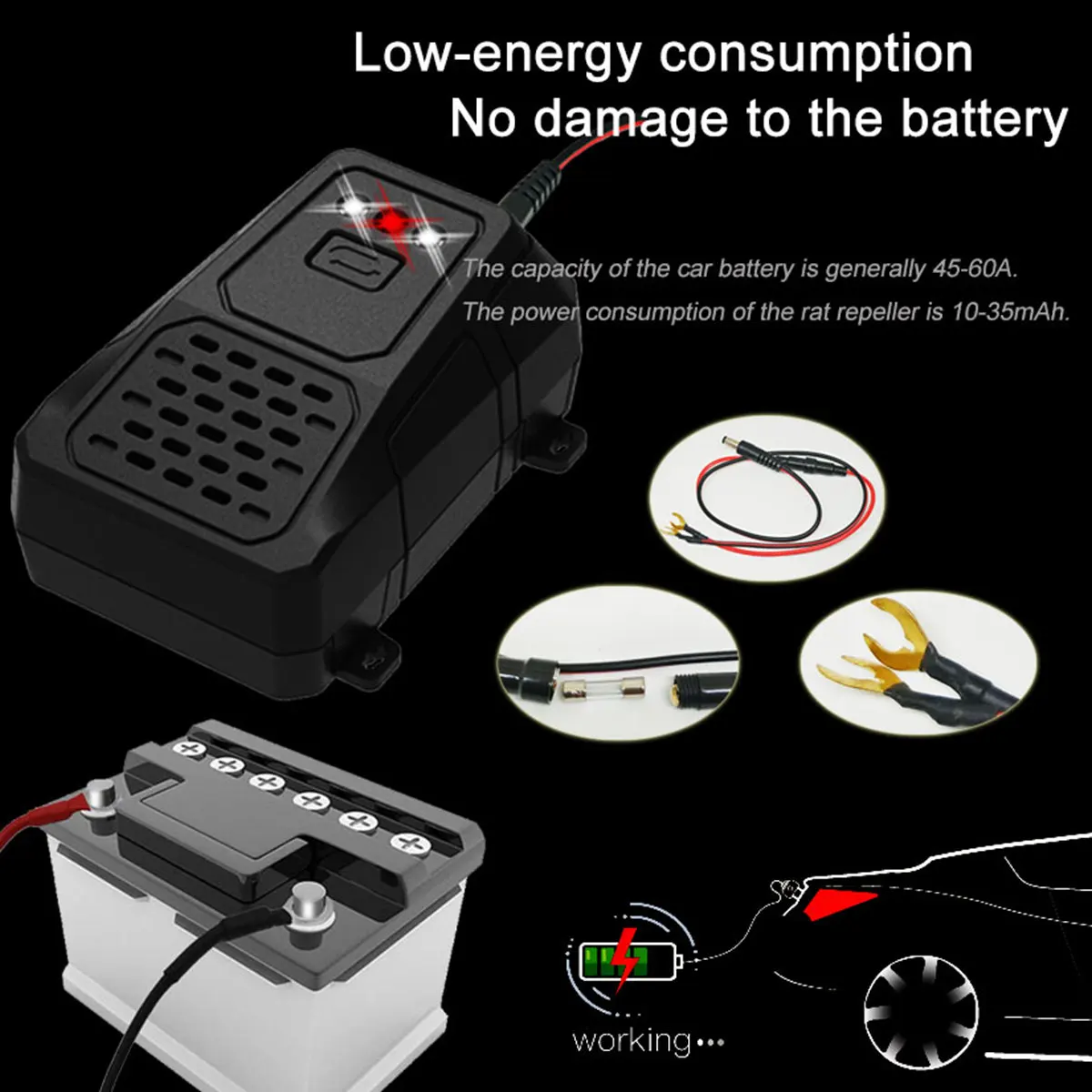 Ultrasonic Rat Deterrent LED Strobe Lights Keep Mice Away Under Hood Animal Repeller marten control device
