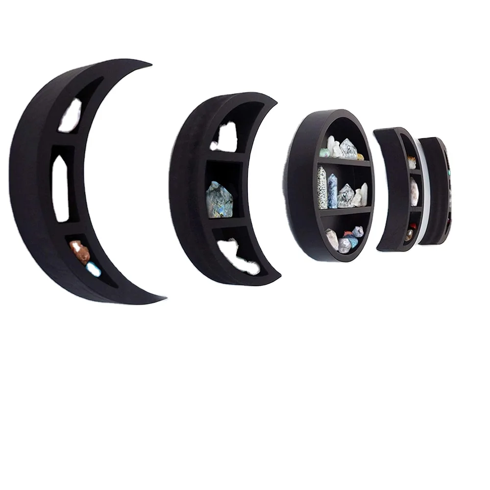 Cao Xian Hi Home Large 12.2 Moon Phase Shelf Set (5 PCS)-Black Wooden Crescent Moon Crystal Shelf