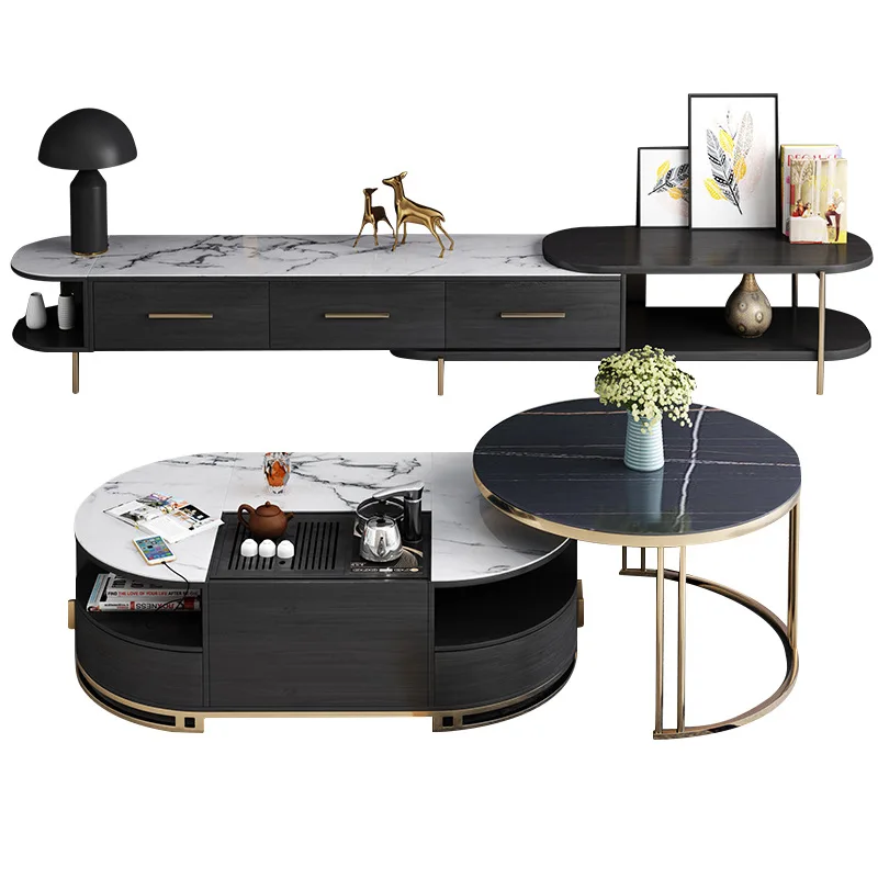 C03A new electric lifting rock board telescopic TV cabinet combination set, light luxury and simple style coffee table