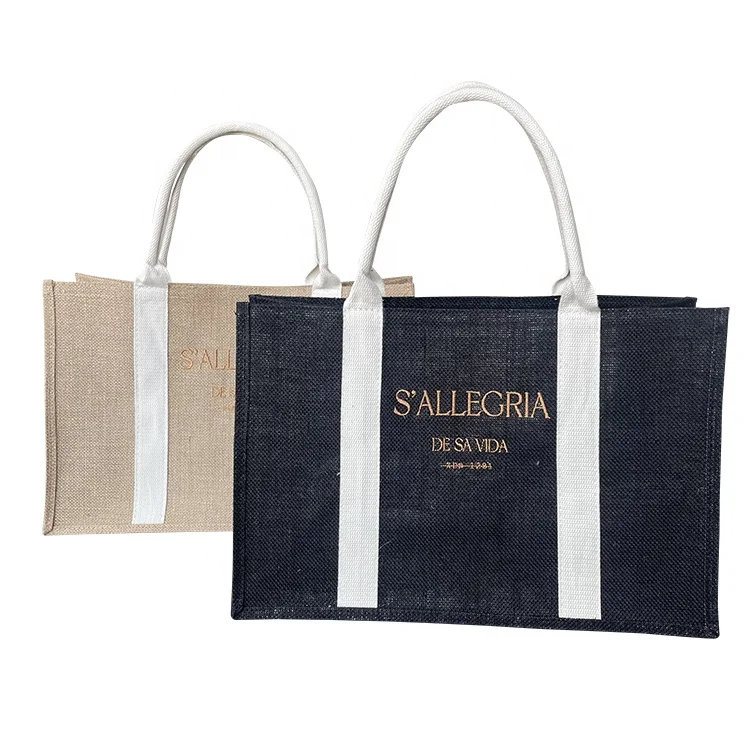 Wholesale Large Waterproof Custom Linen Jute Burlap Canvas Tote Shopping Bags With Logos