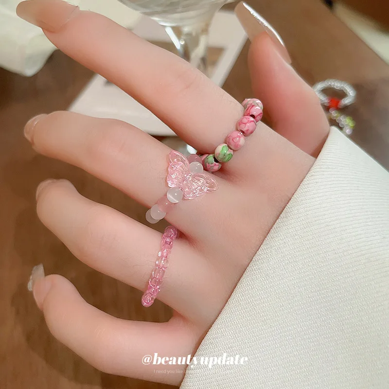 Irregular Flower Glass Beaded Elastic Ring Sweet Food Finger Ins Mori Style Girlish Bracelet for Women