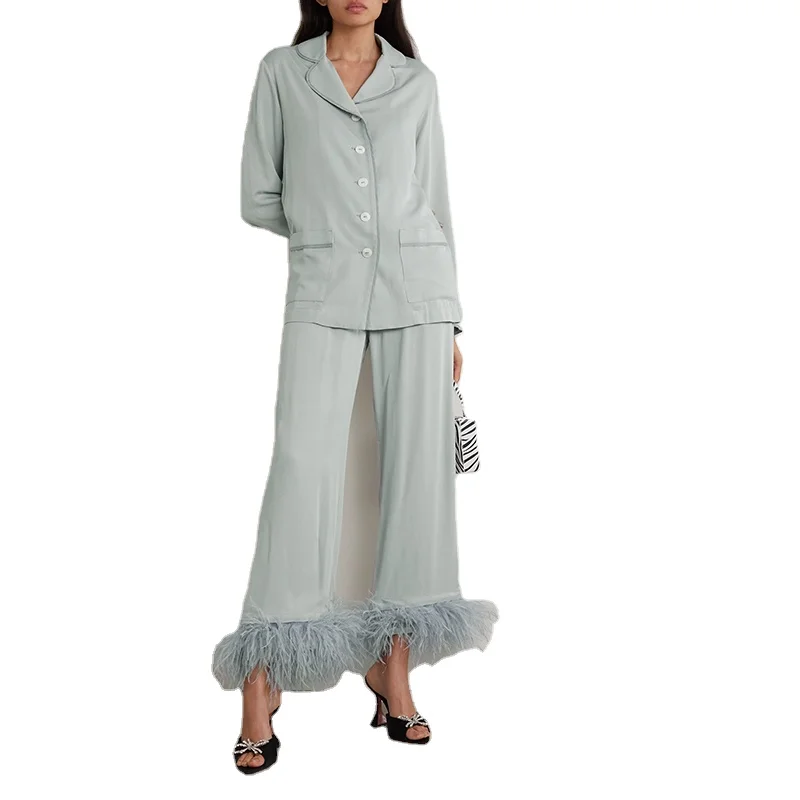 Women Crepe De Chine Classic Vantage Style Piping Shirt and Matching Pants Feather Pajama Set