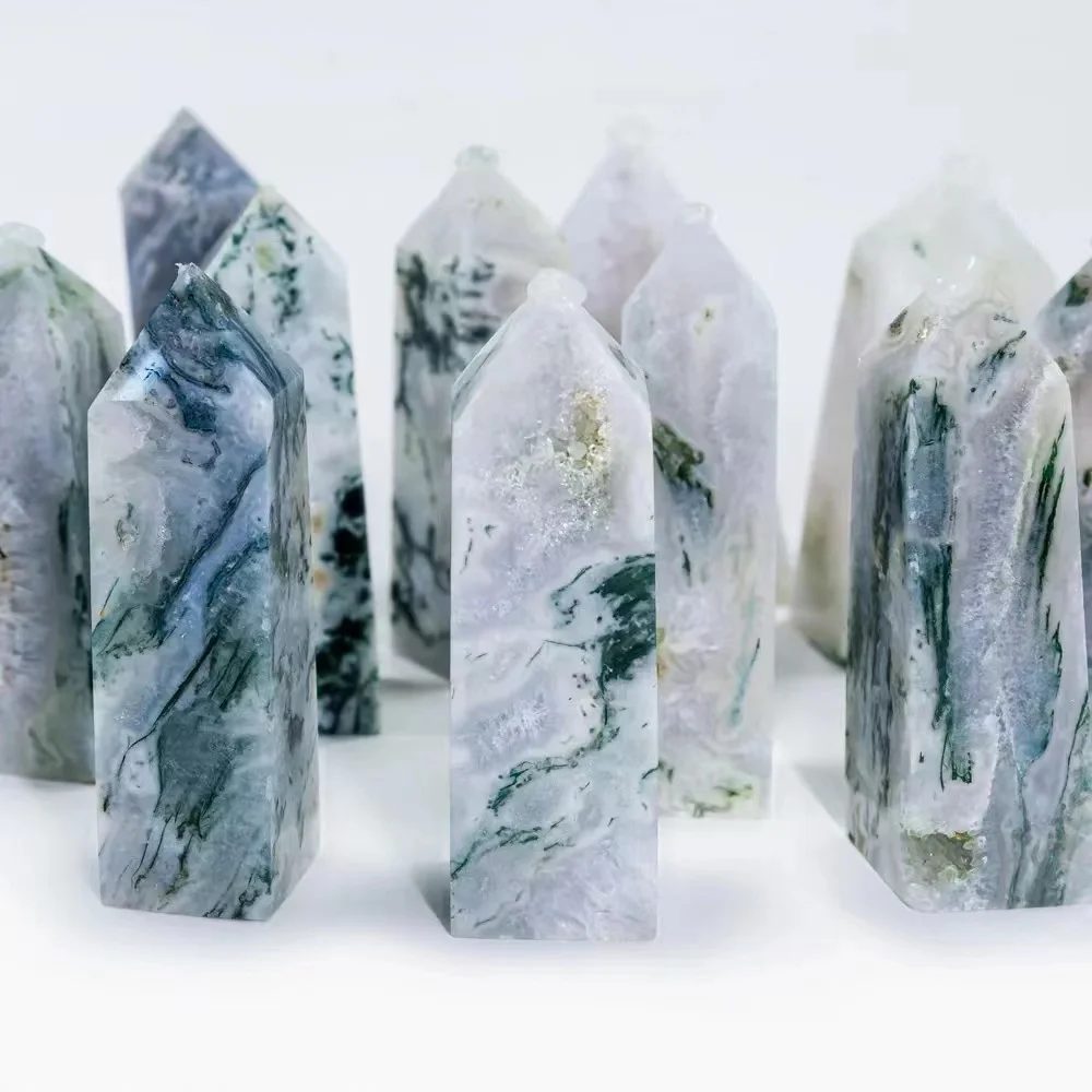 Wholesale Natural stone crystal gemstone crystal craft moss agate drusy crystal tower high quality point for home decor