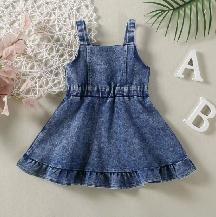 Stylish Baby Dresses Denim Suspenders Ruffle Bottom Fashionable Children Casual Clothing