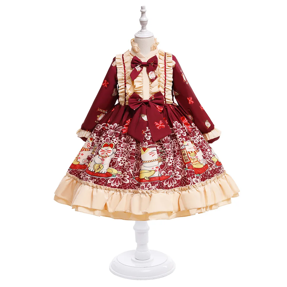 2022 new wholesale girls ball gown Lucky cat print pattern lace red bow-knot Lolita princess dress
