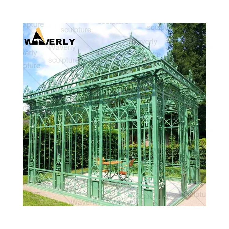Modern European Garden Decor Victorian Wrought Iron Gazebo Custom Casting Outdoor Landscape Luxury Green Metal Cast Iron Gazebo