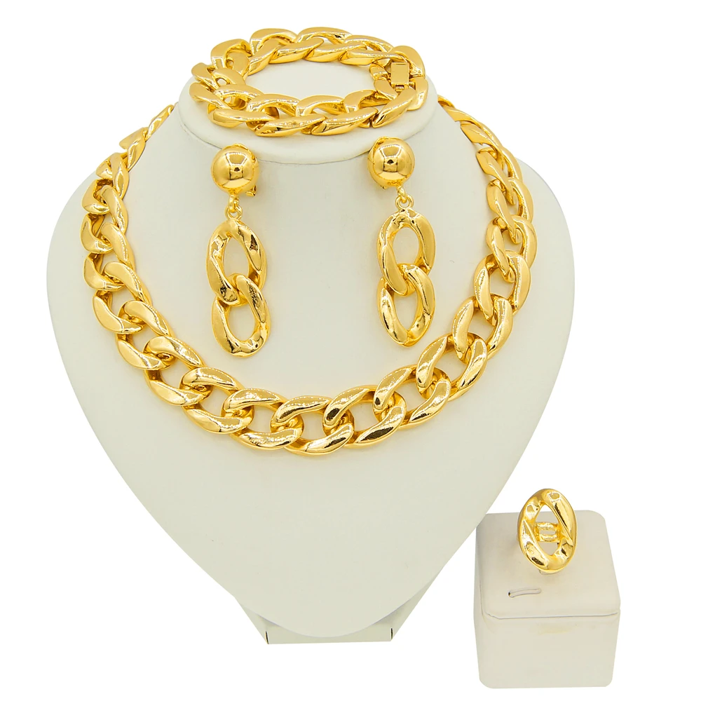 Yulaili 24K Gold Plated Jewelry Set 2024 Fashion Elegant Gold Cuban Chain 45cm Length Necklace Set Women Costume Accessories