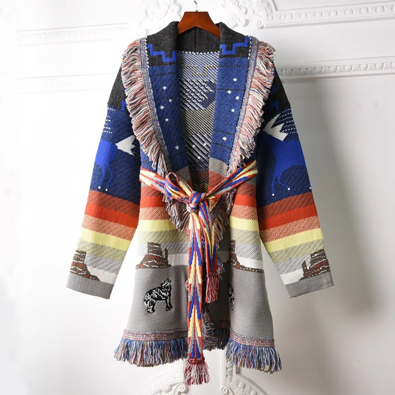 Women Winter Vintage Wolf Printed Long Sleeves Plus Size Cashmere Sweater Cardigan