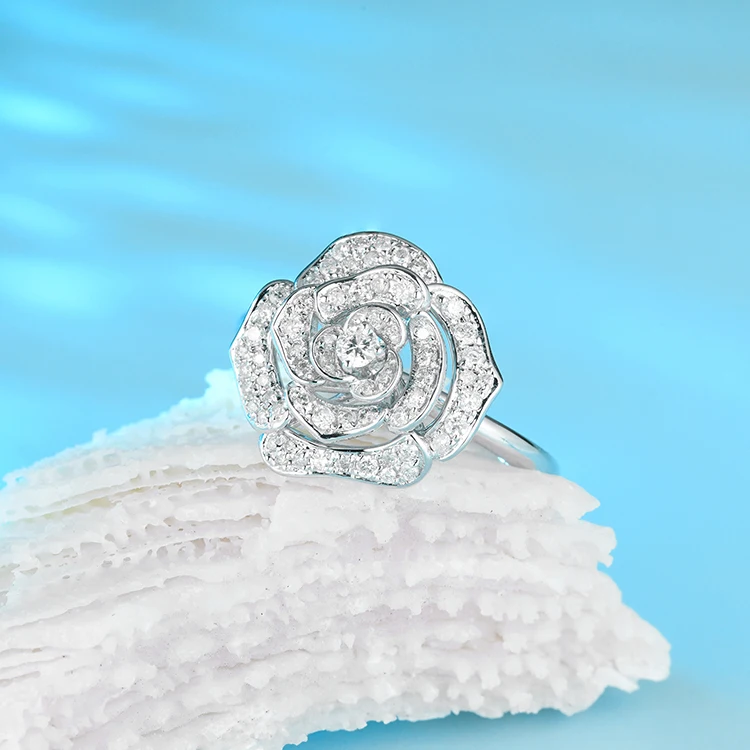 FFT 18k white gold natural diamond jewelry Circle budding flower initial rings