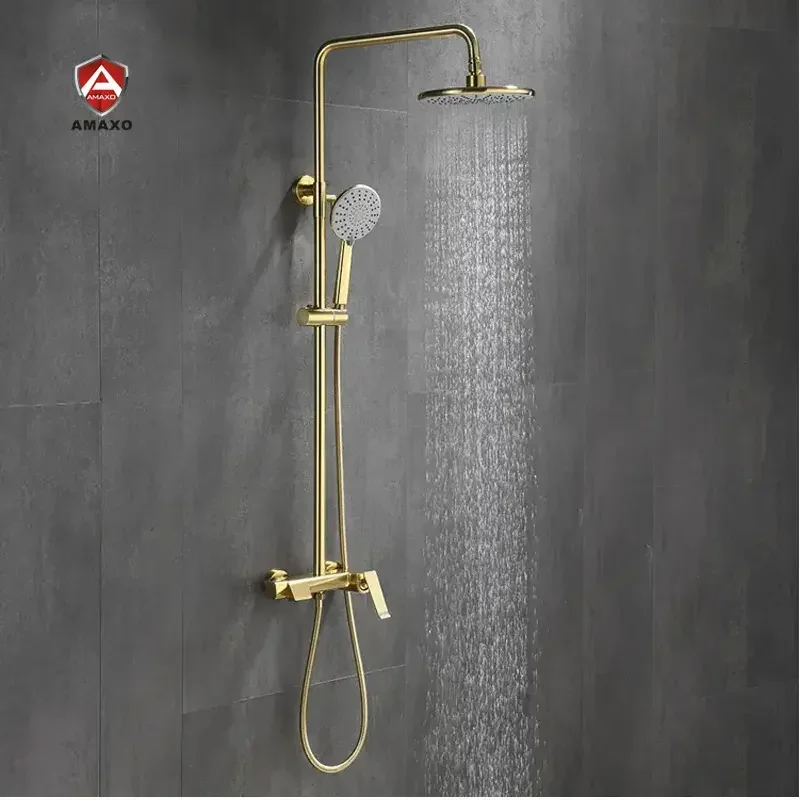 Modern Rain Exposed Rainfall  Bathroom Wall Mounted Brass Bath Water Tap Shower Head Mixer Golden Faucet System