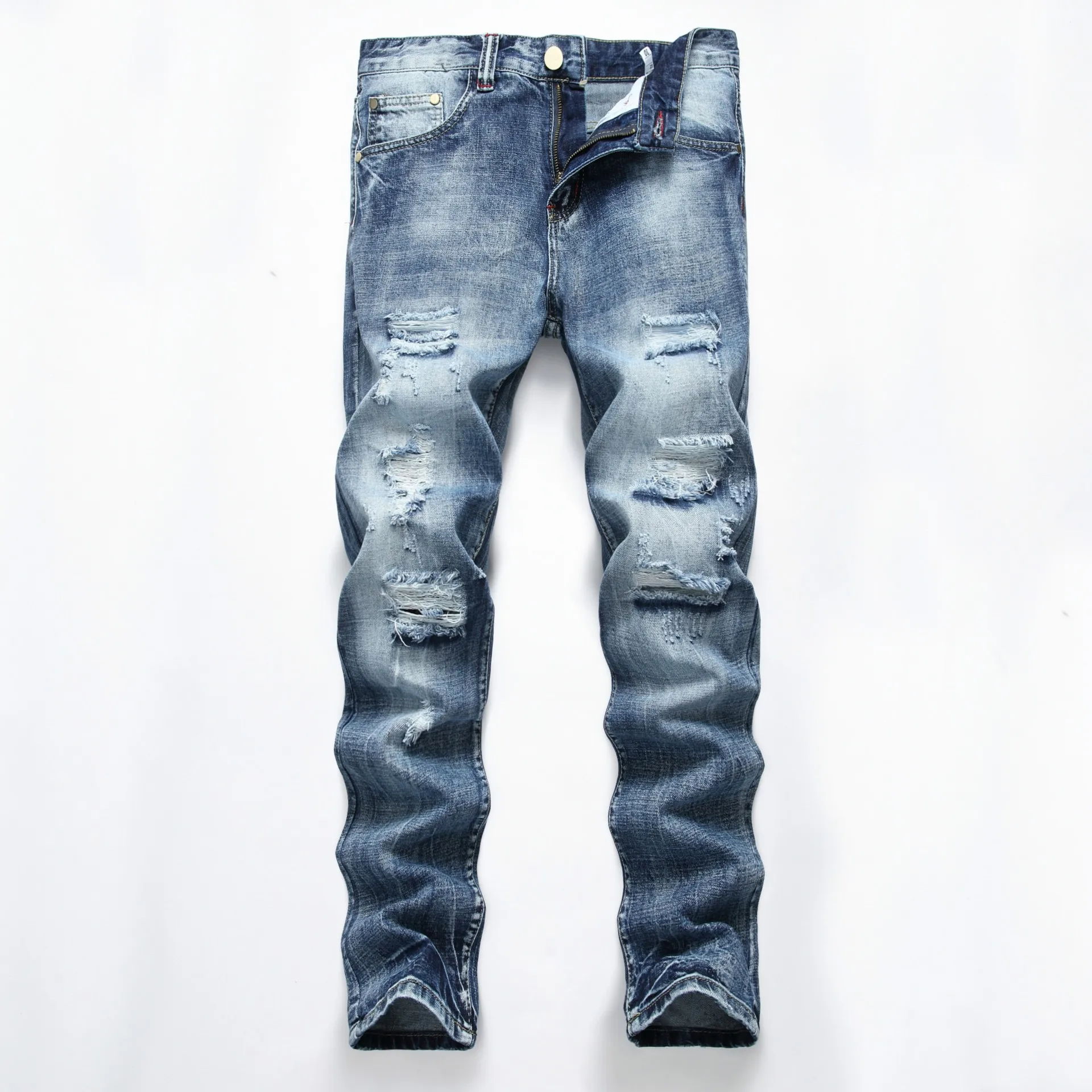 
European High Street Motorcycle Biker Jeans Men Hip Hop Ripped Holes Slim Jean Pants Y10906 