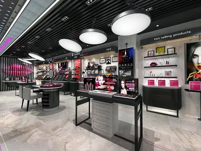 Shopping mall uses special custom made LED light acrylic cosmetic display showcase with makeup mirror