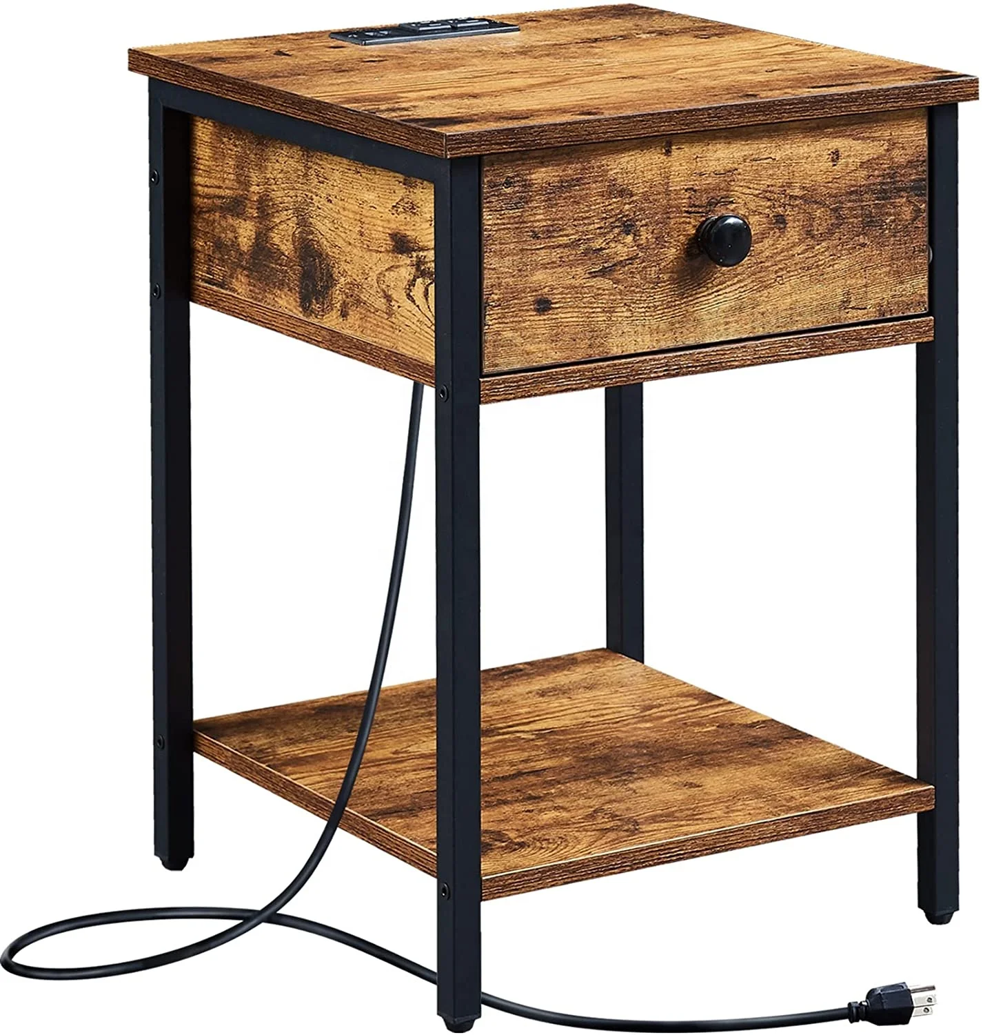 Side End Table Frame, Bedside Table Nightstand with Drawer, Open Storage Shelf and Metal Home Furniture Bedroom Furniture Modern