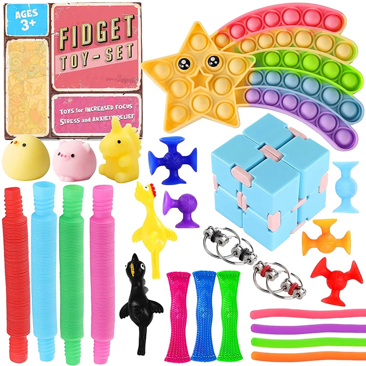 25 Pcs Stress Relief Popper Fidget Pack Sensory Fidget Toy Set with Infinity Cube Marble Mesh Fidgets Box (1600404210108)