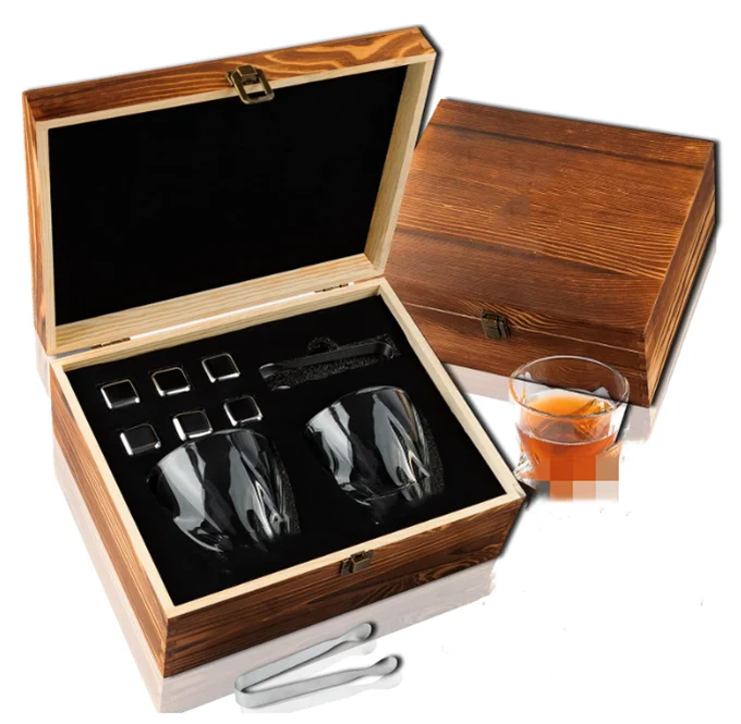 Pine Wood Box Whiskey Stones Gift Set Bourbon Whiskey Glass Gift Box