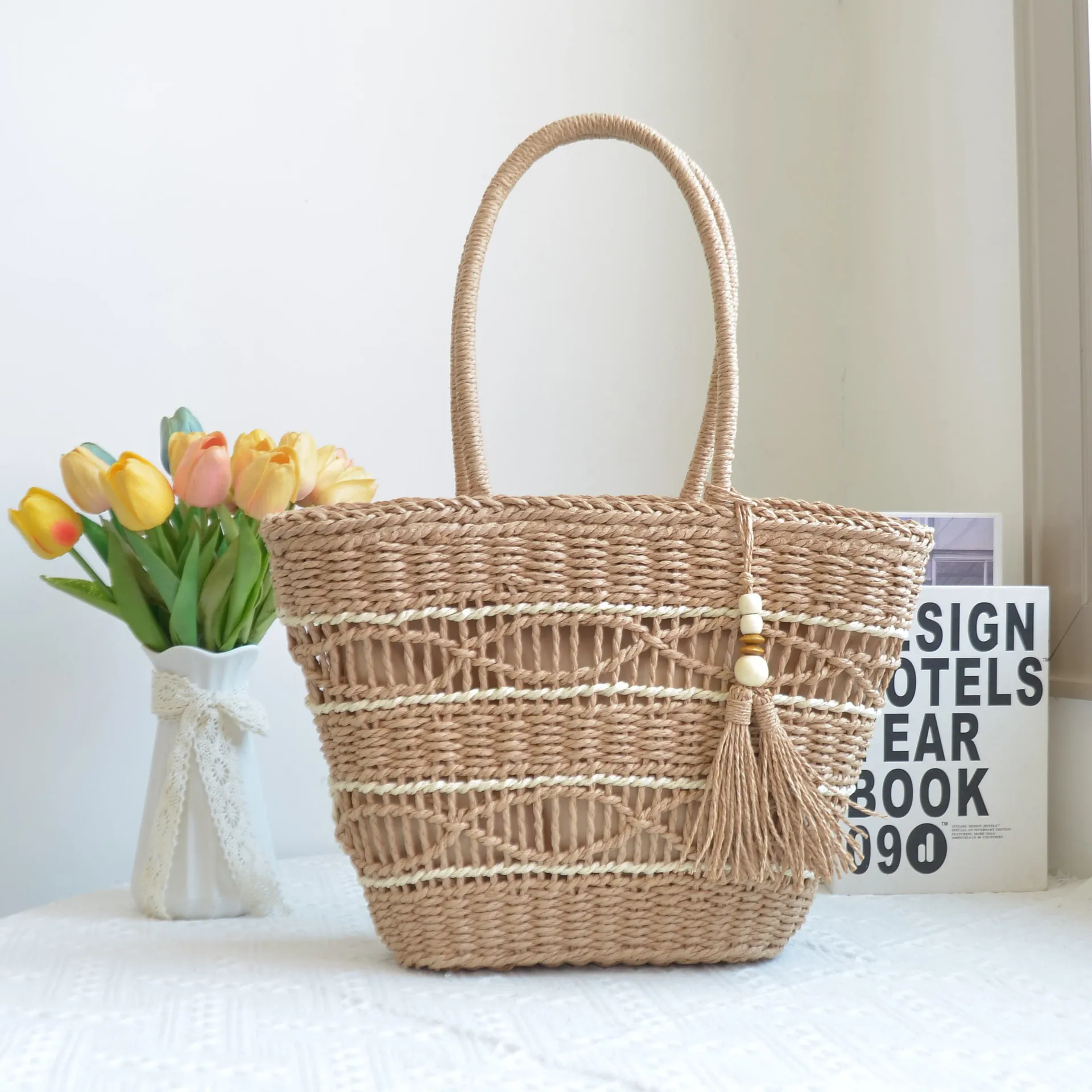 Custom Logo Large Mesh Paper Straw Bucket Basket Tote Clutch Beach Bag Straw Shopper Bag