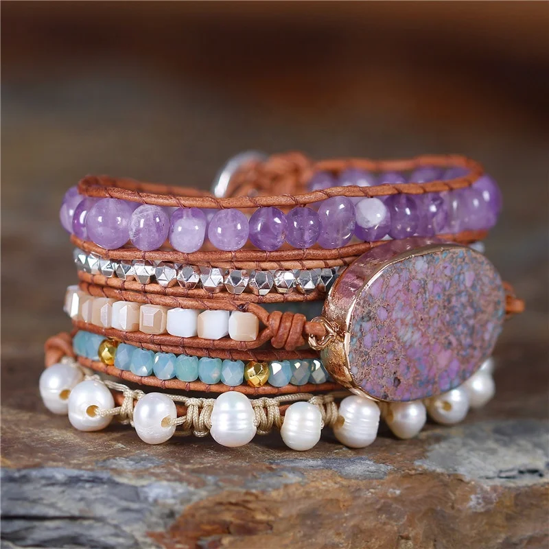 YueTong Bohemian Amethyst Beaded Natural Stone Boho 5 Layers Statement Leather Beads Wrap Bracelet Handmade Jewelry Wholesale
