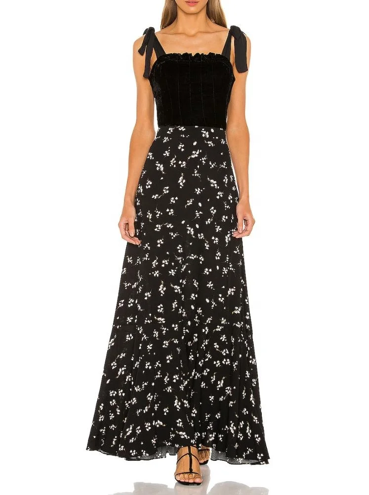 Summer women casual polyester floral printed black long maxi skirt with custom made